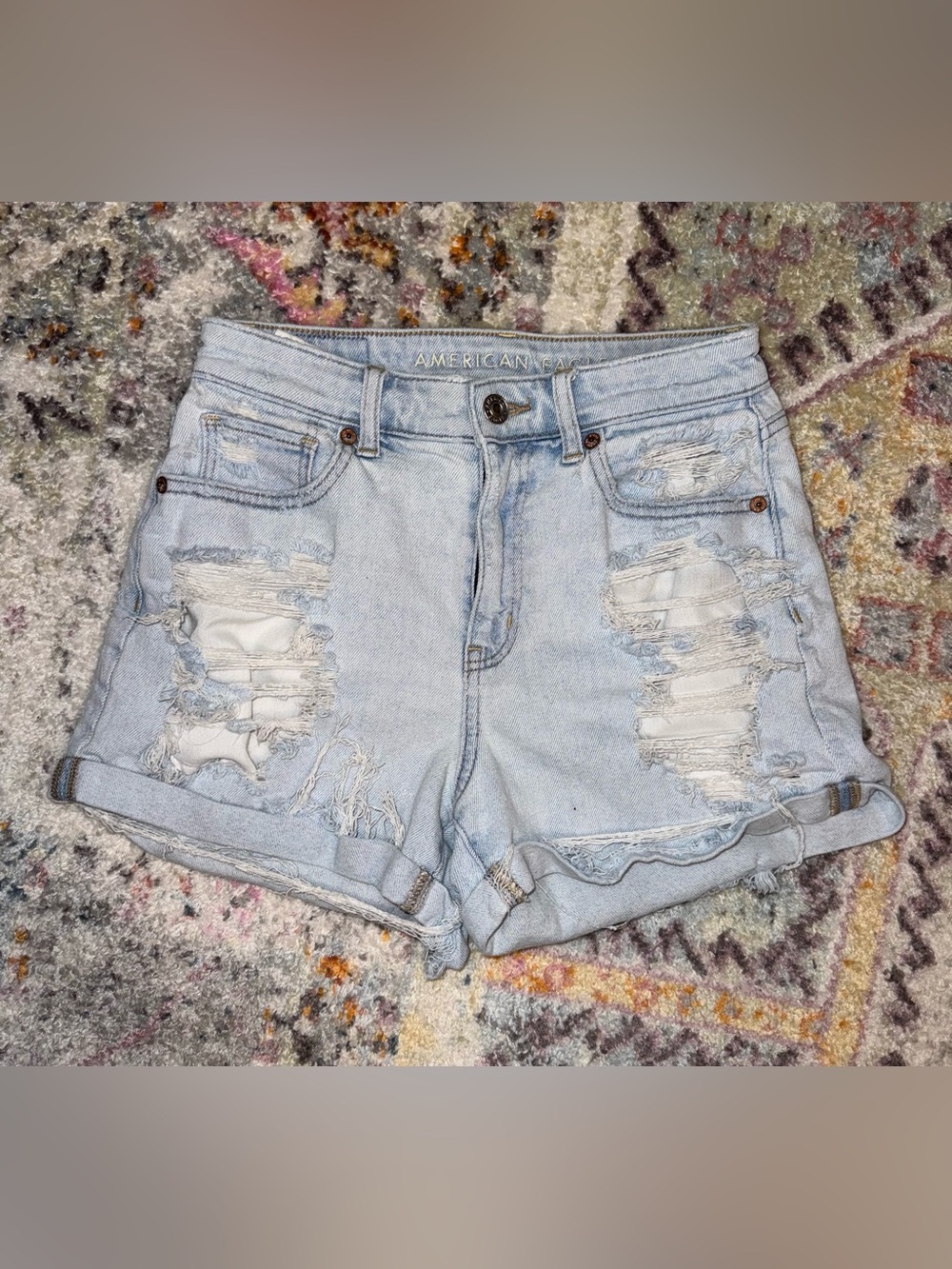 American Eagle Outfitters Light Blue Distressed High-Rise Denim Shorts